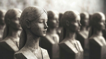 Statue bust of woman in business suit. Monument to women shock workers in production or party workers