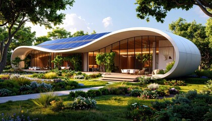 Obraz premium Futuristic architectural design integrating renewable energy within nature's embrace