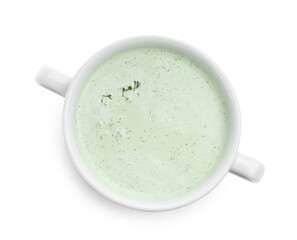Tasty cucumber soup isolated on white, top view