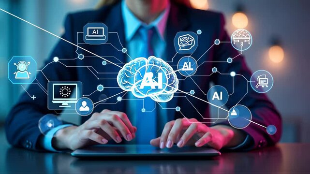 A person in a business suit working on a laptop with virtual icons related to artificial intelligence, featuring a brain and other symbols. Doodle style symbols