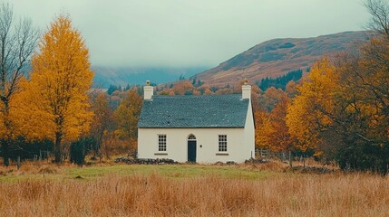 Serene countryside landscape featu a charming white cottage surrounded by vibrant autumn trees and rolling hills under a cloudy sky du fall season