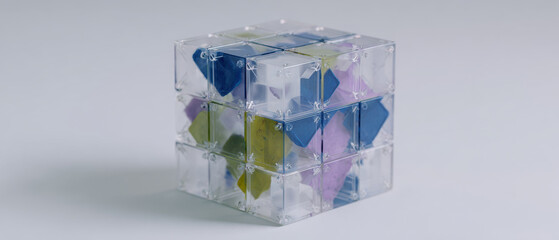 Fototapeta premium Transparent cube puzzle with colorful internal shapes