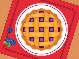 Lattice blueberry pie on a plate top view vector illustration. Round sweet pie and fresh blueberries on a wooden table above view vector. Whole latticed blueberry pie on the table drawing