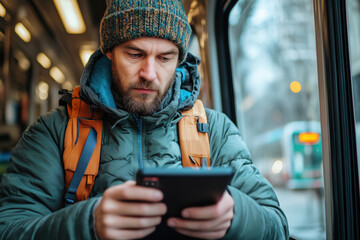 Man with backpack in tourist clothes studies tourist guide and city map on tablet. Middle-aged backpacker travels in city public transport.