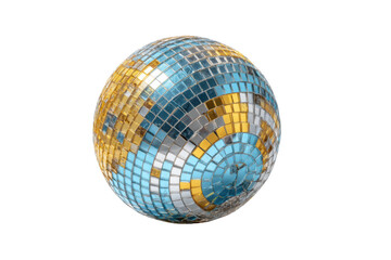 PNG Colorful mosaic disco ball with blue and gold tile pattern on black background