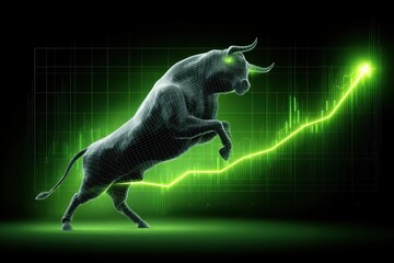 Bull symbol of bull market on financial stock exchange against green background of rising stock prices