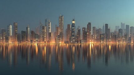 Modern city skyline reflecting on water at twilight