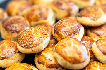 coffee break hotel during conference meeting, corporate revent with tea and coffee catering, decorated catering banquet table with variety of different pastry and bakery, with croissants and cookies