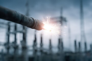 Broken and sparking electrical wire at a power plant symbolizes the energy crisis