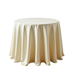 Elegant round table draped with a smooth ivory tablecloth, perfect for formal dining and special occasions