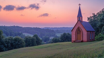 Fototapeta premium Scenic rural landscape featu a small brick church with a tall steeple surrounded by lush green trees and rolling hills at sunset with colorful sky