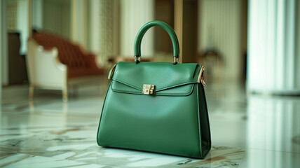 Women 's bag. Luxury, green leather handbag on white background, on marble floor. A elegant bag is see from front side. Fashionable trendy.