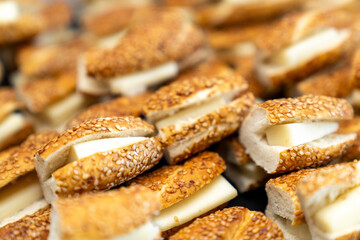 coffee break hotel during conference meeting, corporate revent with tea and coffee catering, decorated catering banquet table with variety of different pastry and bakery, with croissants and cookies