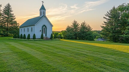 Scenic rural landscape with white wooden church surrounded by lush green trees and grass du sunset, peaceful countryside setting with vibrant sky