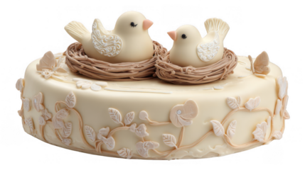 Two charming fondant birds nestled in edible nests atop a cream colored cake, adorned with delicate fondant butterflies and floral accents, presented on a transparent background