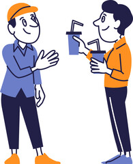 Friendly communication between two men with takeaway drinks in flat design illustration