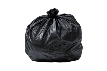 Isolated black trash bag for disposal on a transparent background symbolizes waste management