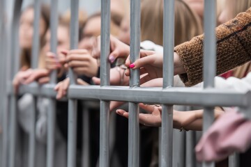Crowd of people waiting for a concert or sporting event standing behind barriers, close-up of hands