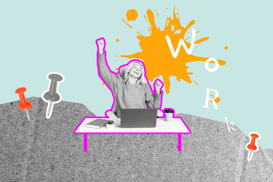 Sketch 3D collage trend artwork of pin supply aged woman sit table work laptop cup drink coffee relax office worker manager hr recruitment