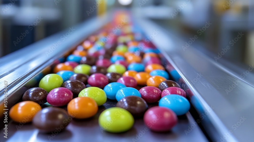 Poster brightly colored candy candies are moving along a conveyor belt in a candy manufacturing plant. the 