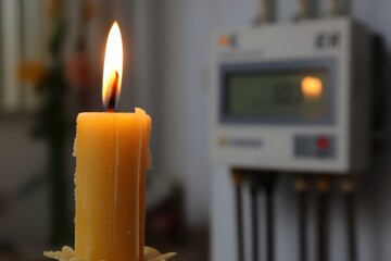 Burning candle during a power outage during an energy crisis, with a home power distribution board in the background