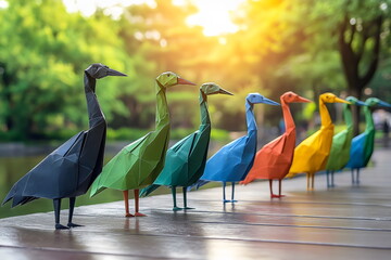 Colorful origami cranes standing gracefully along a tranquil lakeside at sunset, capturing the beauty of nature and art