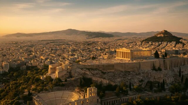 Acropolis of Athens Aerial View, Explore the Parthenon and Odeon of Herodes Atticus During Golden Hour in Ultra-Realistic 4K