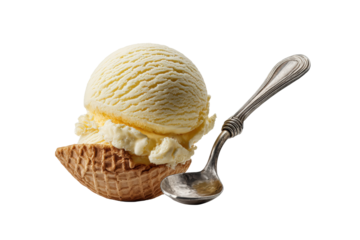 PNG Vanilla ice cream in waffle cup with spoon on black background