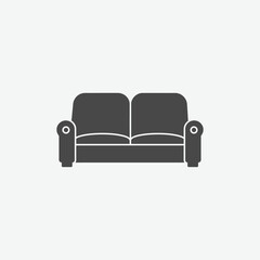 Flat, minimalist icon of a modern two-seat couch in dark gray with smooth curves and padded arms. Ideal for furniture apps, catalogs, or interior design visuals.