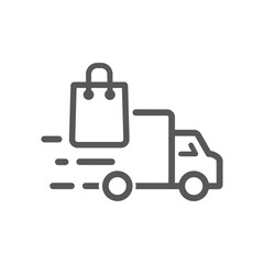 Vector line icon delivery truck with shopping bag. Symbol shipping business and outline sign transportation order. 