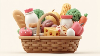 Colorful basket filled with various grocery items