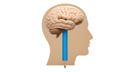 Isolated Brain with Pencil, Head Silhouette