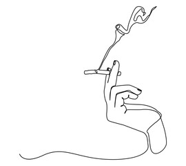 Minimalist single line drawing depicting a human hand holding a cigarette with smoke. Elegant and modern illustration.
