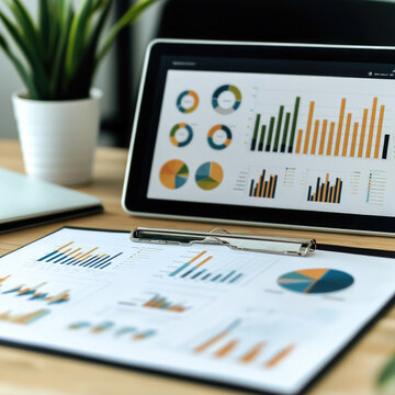 Business report, printed dashboard, chart, graph, analysis, office, and data visualization on desk
