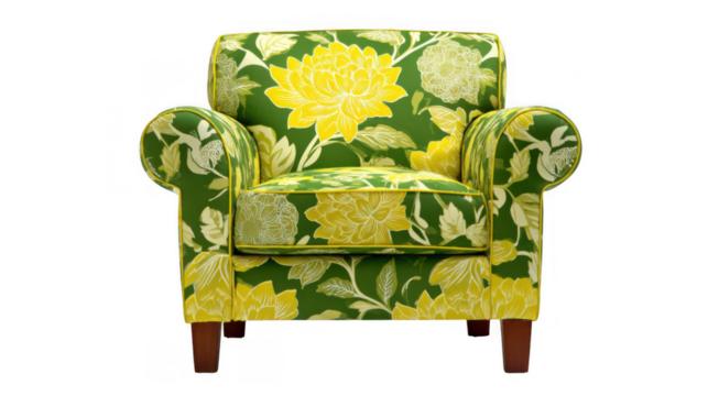 Comfortable green upholstered armchair with oversized yellow flowers and wooden legs, isolated on transparent background, perfect for interior design projects