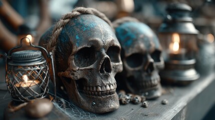 Atmospheric Scene with Skulls, Lantern, and Ambient Lighting Effects in Dark Setting