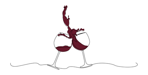 Elegant one line drawing of two wine glasses clinking with dramatic splash effect. Perfect for celebration themes, romantic occasions etc.
