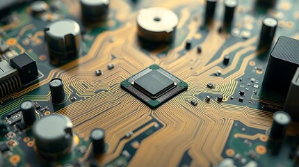 Close-up of a computer circuit board featuring a central processing unit, electronic components, and intricate pathways