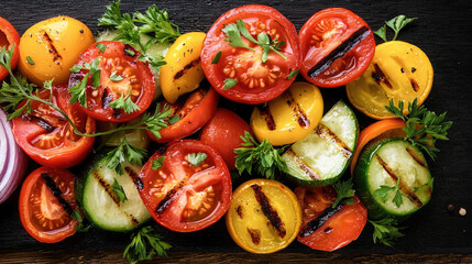 Grilled tomato, zucchini, and parsley on dark wood, vibrant and fresh, healthy summer vegetable dish