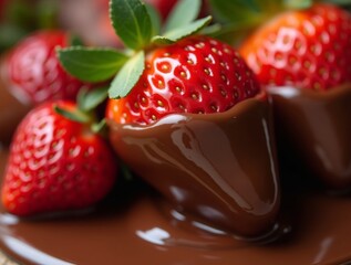 A beautifully detailed macro shot of strawberries dipped in glossy, melted chocolate, showing the contrast between the bright red fruit and dark cocoa coating