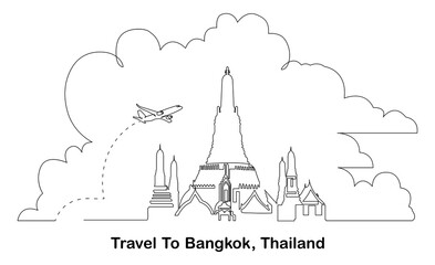 minimalist single line art of Bangkok city skyline featuring Wat Arun temple, airplane, and stylized clouds. clean and modern travel theme