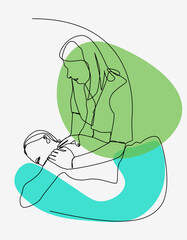 Minimalist one stroke line illustration depicts a spa therapist giving a massage to a client, complemented by calming green and blue abstract shapes.