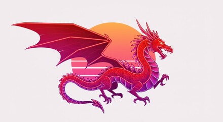 A vibrant red dragon with large wings and intricate scales stands against a stylized sunset, showcasing a blend of fantasy and digital art - awesome dragon drawings