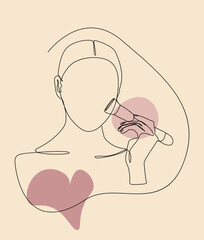 Modern minimalist single continuous line drawing of a woman holding a makeup brush, surrounded by soft heart shapes. beauty, skincare campaign, fashion editorial etc.