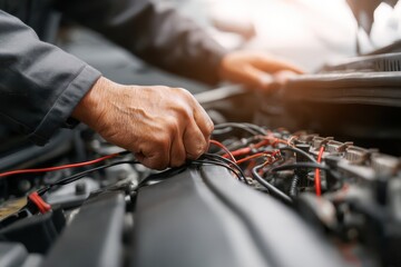 Automotive electrician working on wiring in engine compartment, close-up of hands holding cables