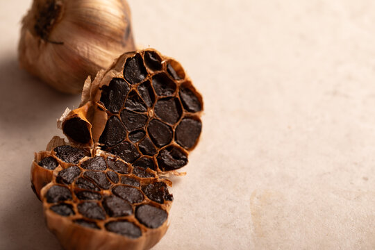 Garlic bulb sliced in half showing cloves
