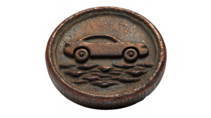Close up of a rusty, vintage mechanic token featuring a car symbol above stylized waves, isolated on a transparent background, suggesting a connection to automotive services or repairs