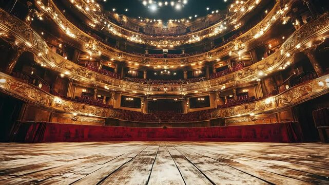 Grand theatre interior showcasing intricate architecture and warm illumination, ready to performance