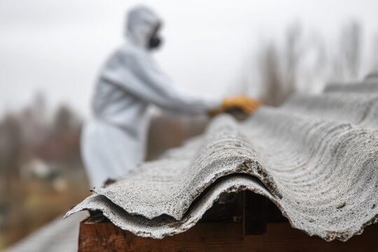 Worker in a special protective uniform removes old carcinogenic asbestos sheets from the roof