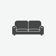 Flat, minimalist icon of a modern two-seat couch in dark gray with smooth curves and padded arms. Ideal for furniture apps, catalogs, or interior design visuals.